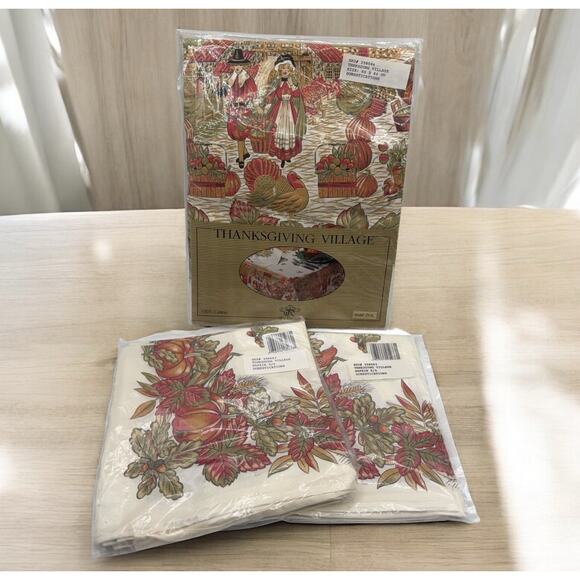 Thanksgiving Village 60x84” Oval Tablecloth W/8 Napkins W.C. Designs Vtg '92 - Picture 1 of 9
